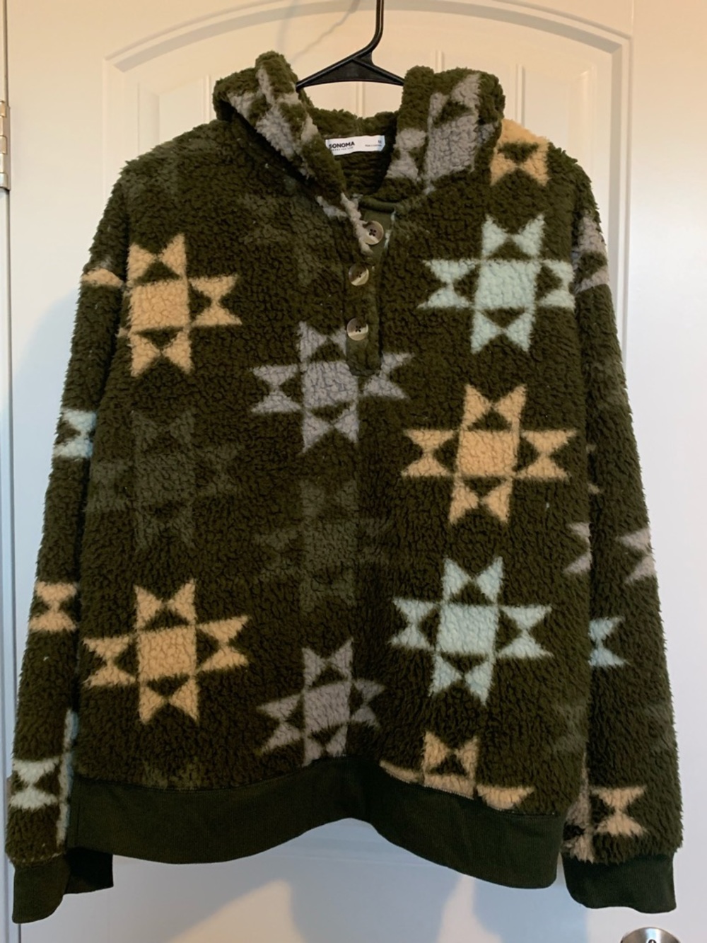 Sonoma Olive Green Sherpa Hoodie with Star Print